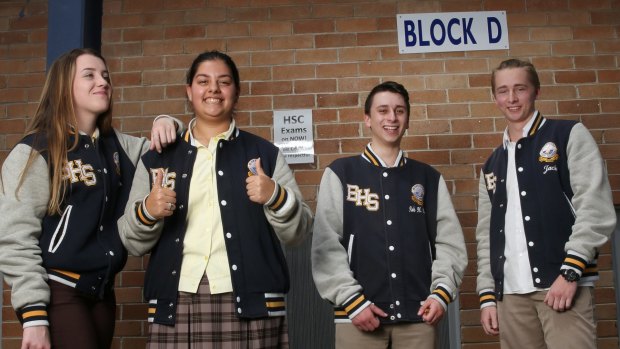 Madelaine Allen, Ellen Koutsoukos, Thomas Lambropoulos and Jack McDonnell from Blakehurst High after finishing the 2016 HSC general maths 2 exam on Friday. 