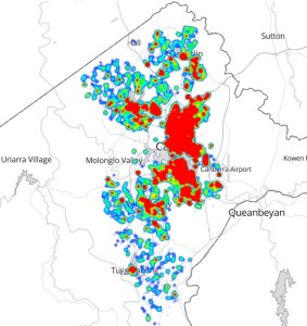 A heat map of Uber passenger requests in Canberra in November