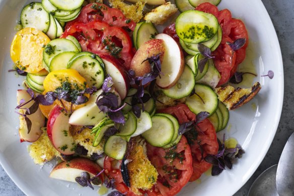 Danielle Alvarez's Tomato, nectarine and zucchini panzanella-ish salad with sweet basil dressing.