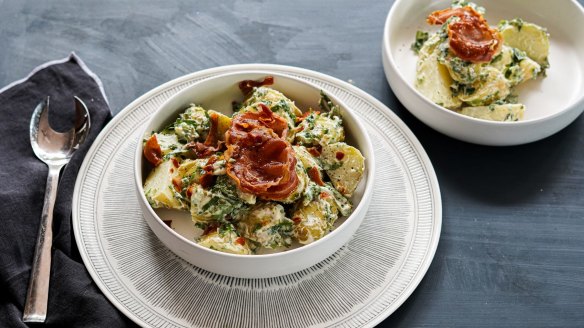 Potato salad with bacon miso mayonnaise and crispy pancetta.