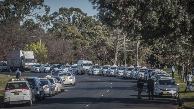 Canberra's striking taxi drivers gather in Kingston for the beginning of their three-hour strike.