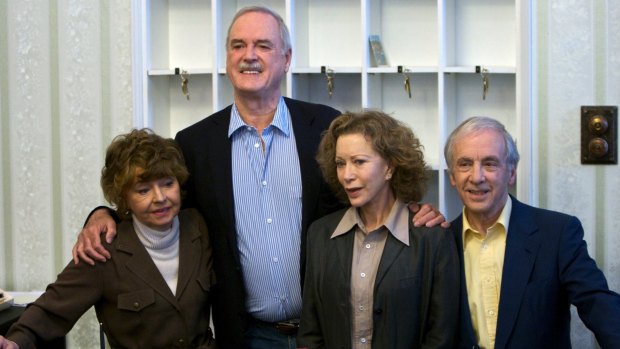 Cast of <i>Fawlty Towers</i>, from left, Prunella Scales, John Cleese, Connie Booth and Andrew Sachs reunite to celebrate the 30th anniversary of the TV show in 2009. 