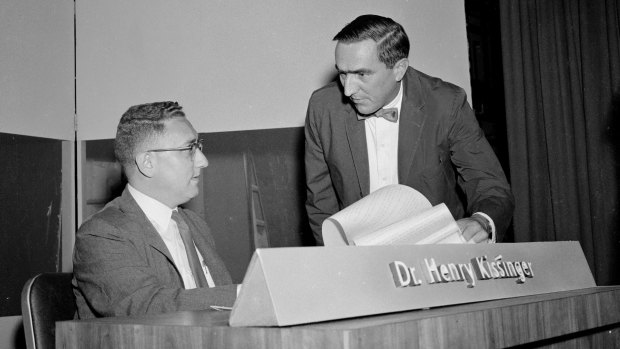 Henry Kissinger prepares to go on the US public affairs TV program Face the Nation in 1958.