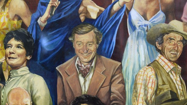 Stuart Wagstaff (centre) in the mural of <i>Entertainers of the Century</i> by Jamie Cooper in the food hall of the Queen Victoria Market.