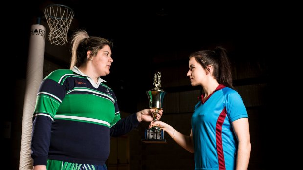Canberra captain Jo Collis (right) will be hoping her side can prevent Tuggeranong captain Jo Pivac (left) from making history in the State League netball grand final on Sunday.