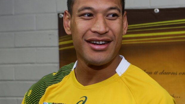 SMH SPORT
Israel Folau with the new Wallabies World Cup jersey launched today in Sydney.10th June 2015
Photo Dallas Kilponen