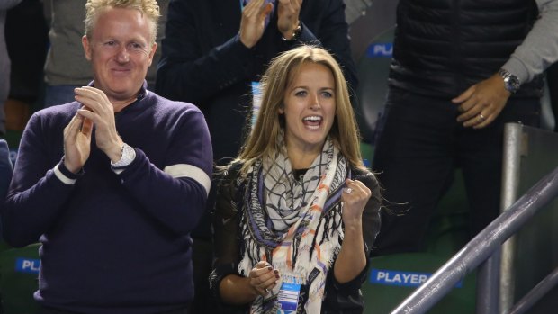 All over: Kim Sears celebrates after Andy Murray's victory.