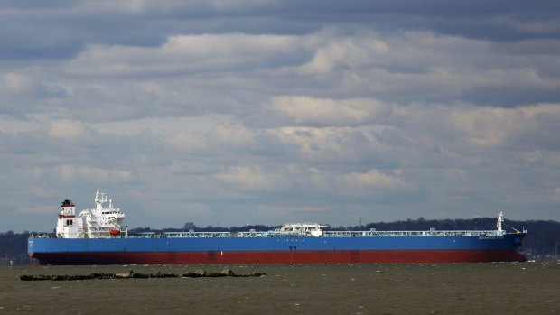 A tanker waits in the Delaware River before docking at one of the petroleum terminals in Pennsylvania.