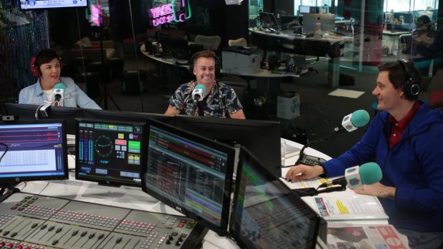 Em Rusciano with co-hosts Grant Denyer and Ed Kavalee.