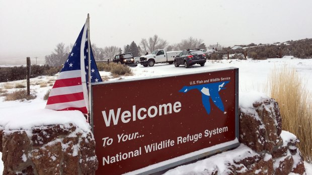 A sign at the wildlife refuge about 50 km southeast of Burns, Oregon.