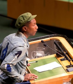 Pharrell Williams addresses the General Assembly during International Day of Happiness.