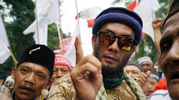Anti-Ahok protester outside the blasphemy trial for Jakarta governor Basuki Tjahaja Purnama, who is universally known as Ahok.