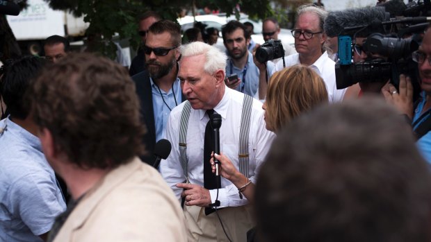 Roger Stone walks off stage on the first day of the Republican National Convention in Cleveland in July, as WikiLeaks began dumping the Democrats' emails.