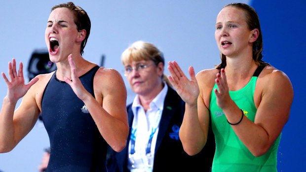 Melanie Schlanger (R) was a member of the 4x100m freestyle squad that broke the world record in Glasgow.