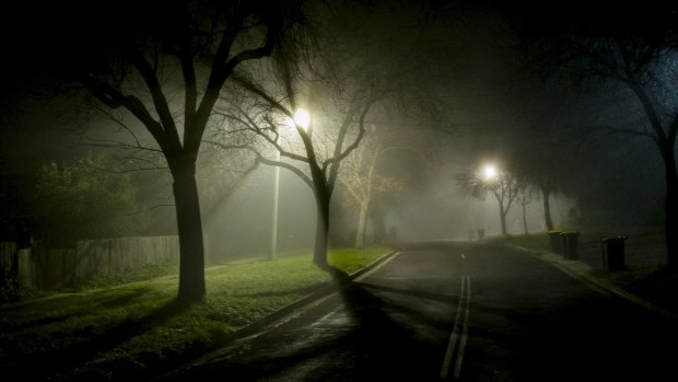 Bins and fog on an eerie Canberra street at nine on a winter's evening.