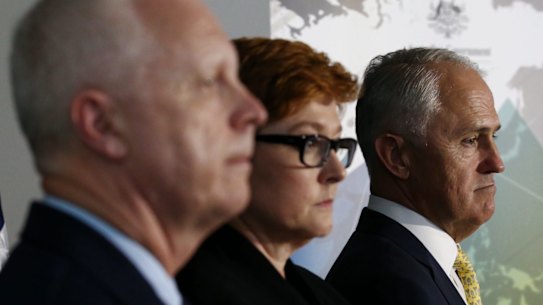 Prime Minister Malcolm Turnbull launches the 2016 Defence white paper at ADFA in Canberra with Chief of Defence Force Mark Binskin and Defence Minister Marise Payne.