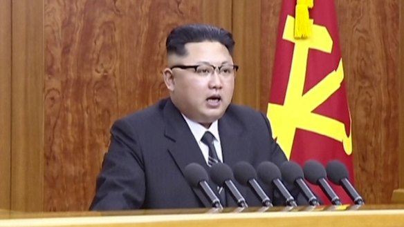 North Korean broadcaster KRT distributed a video on January 1 of North Korean leader Kim Jong-un's New Year speech in Pyongyang.
