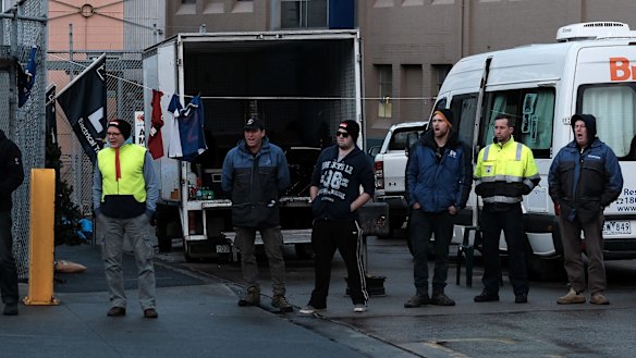 Sacked maintenance workers on a picket line outside CUB.  