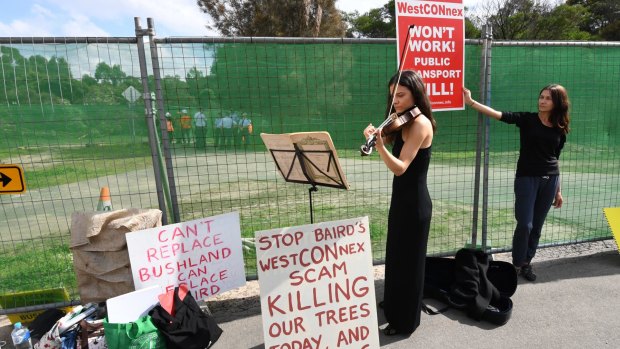 Requiem for a forest: Protesters at the Wolli Creek site on Wednesday.