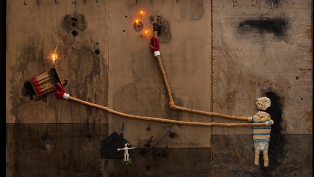 David Lynch's Boy Lights Fire, 2010, (detail) mixed media on cardboard, courtesy the artist. Collection Bonnefanten Museum.