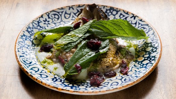 Eggplant with yoghurt and zhoug.