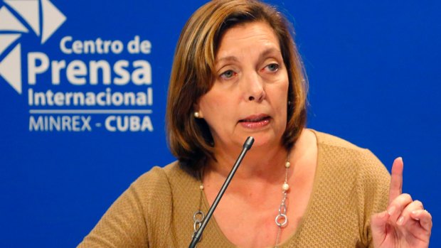 Josefina Vidal, who has been the public face of Cuba's diplomatic opening with the US, speaks to reporters in Havana, Cuba. 