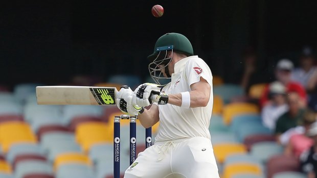 Trials and tribulations: Steve Smith is hit on the head during his long innings.