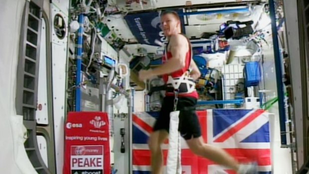 British astronaut Tim Peake running the London Marathon at the International Space Station.