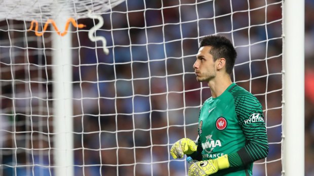 Hissy fit: Snakes thrown by Sydney FC fans hang from the goal of Wanderers' keeper Vedran Janjetovic.