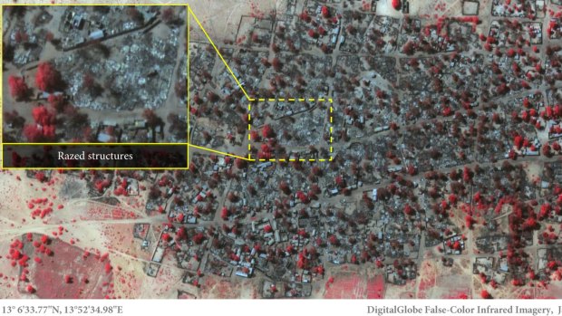 This satellite image provided by Amnesty International shows the village of Doron Baga in north-eastern Nigeria after it was attacked by Islamic extremist group Boko Haram. 3700 structures were damaged or completely destroyed. 