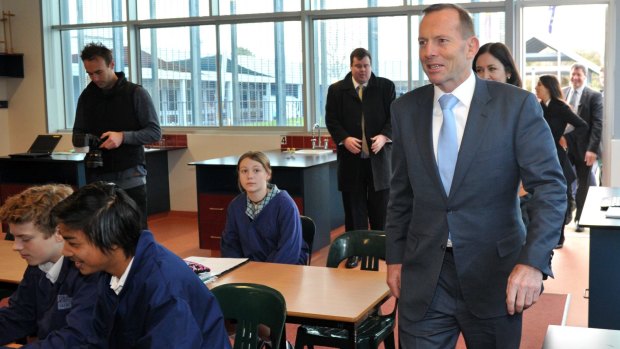 Prime Minister Tony Abbott at a secondary school in Geelong on Thursday morning.