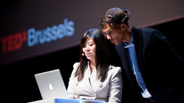 Le at TEDx Brussels, talking about her company's wearable headset. 