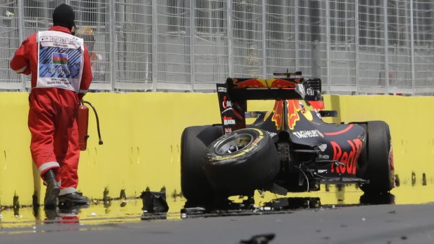 Banged up: Daniel Ricciardo snapped off a tyre in the crash in qualifying at Albert Park.