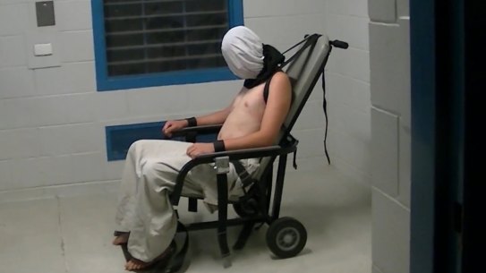 Dylan Voller in a restraining chair in the footage aired on Four Corners. 