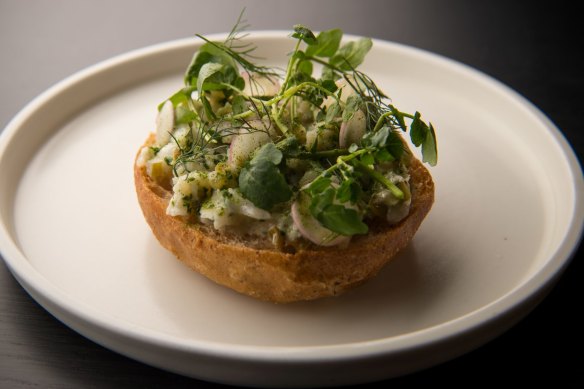 Toothfish sandwich with padron peppers and watercress.