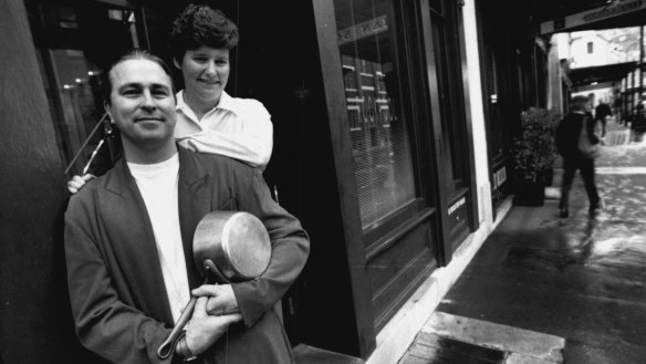 Rockpool restaurateurs Neil Perry and Trish Richards outside their Rocks restaurant in 1994.