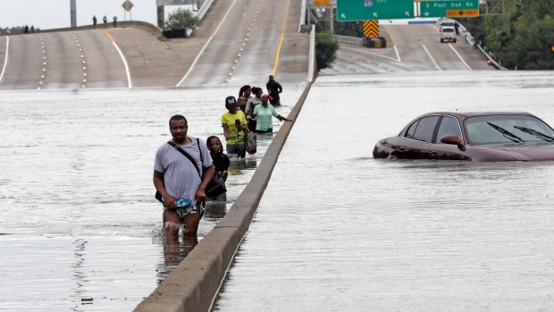 Evacuees wade down a flooded section of highway. 