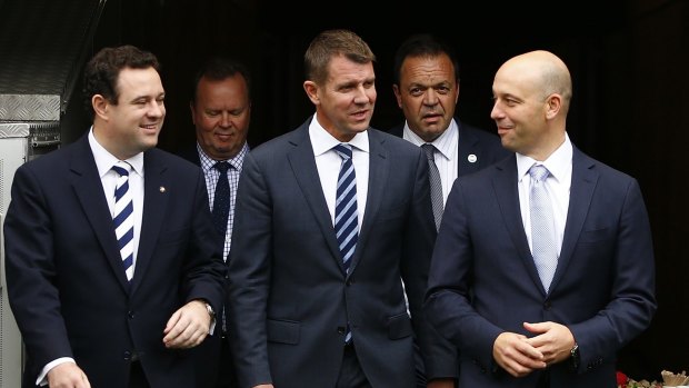 Sports Minister Stuart Ayres, former premier Mike Baird and the NRL's Todd Greenberg at the 2016 announcement of the redevelopment of ANZ Stadium.