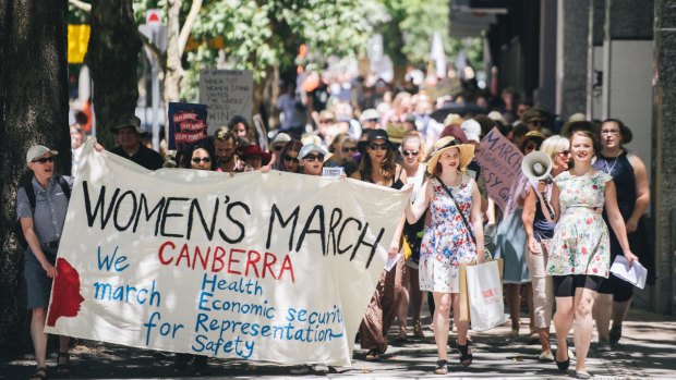 Hundreds of Canberrans march in the Women's March in the city.
