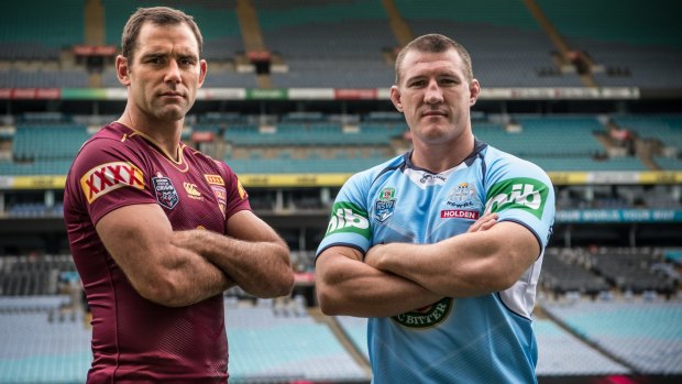 NSW captain Paul Gallen and Queensland captain Cameron Smith at the launch of the State of Origin Series at ANZ Stadium. 