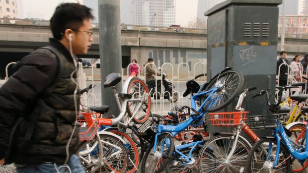 Shared bikes discarded by commuters rushing to work in Beijing's CBD.
 