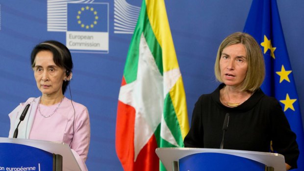 Aung San Suu Kyi, and European Union High Representative Federica Mogherini at a tense media conference at EU headquarters in Brussels.