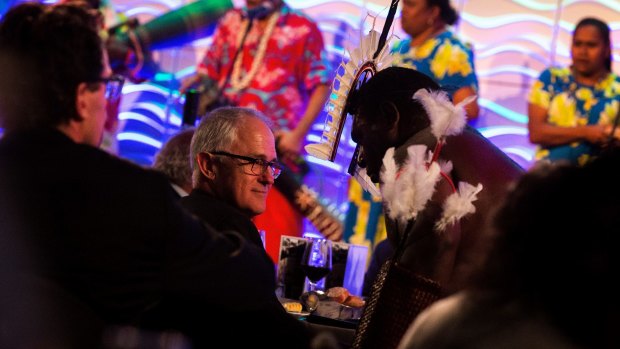  The Prime Minister Malcolm Turnbull watches a traditional Torres Straight islander dance at the The National Reconciliation Week Luncheon.