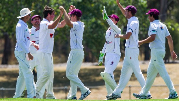 Wests celebrate one of bowler Sam Skeller's three wickets in their win over Queanbeyan.