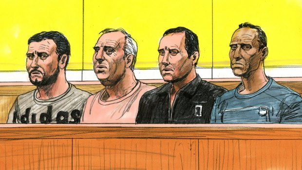 A sketch of (from left) Omer Tok, Christopher Peroulis, Youssif Tawfik and Mohamed Kaddour, made during their appearance in Melbourne Magistrates Court on Wednesday. 