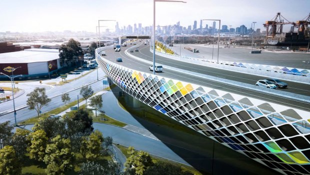 An artist's impression of an elevated freeway at Footscray Road, part of the West Gate Tunnel project. 