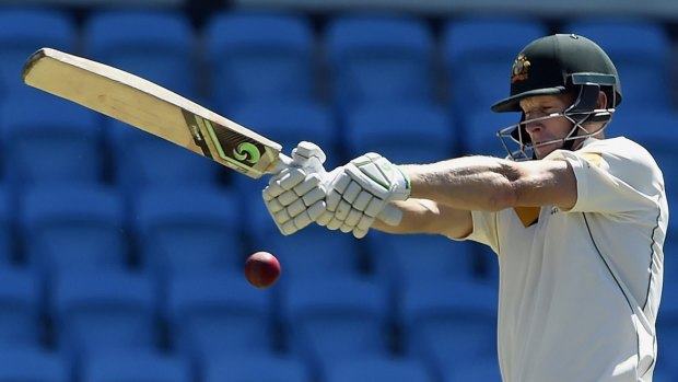 Quick work: Adam Voges hits a boundary against the West Indies in Hobart.