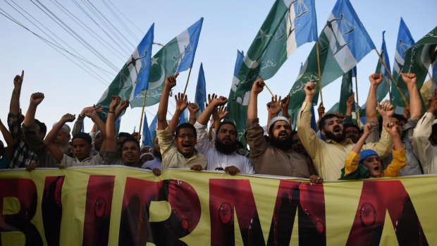 Pakistani activists protest in support of Rohingya Muslims in Karachi on Sunday.