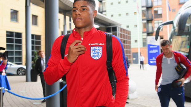 NEWCASTLE UPON TYNE, ENGLAND - MAY 26:  Marcus Rashford of England arrives at the team hotel on the eve of their international friendly against Australia at the Hilton Gateshead on May 26, 2016 in Newcastle upon Tyne, England.  (Photo by Stu Forster/Getty Images)