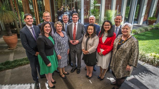 The new shadow ministry (back from left): Andrew Wall, Mark Parton, James Milligan, Alistair Coe, Steve Doszpot; (from front left) Giulia Jones, Nicole Lawder, Alistair Coe, Elizabeth Lee, Elizabeth Kikkert and Vicki Dunne.